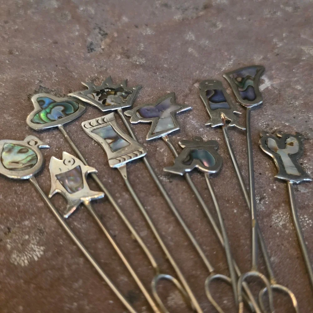 Vintage Alpaca Silver Abalone Inlay Cocktail Forks Set Mexican Cactus Bird Fish